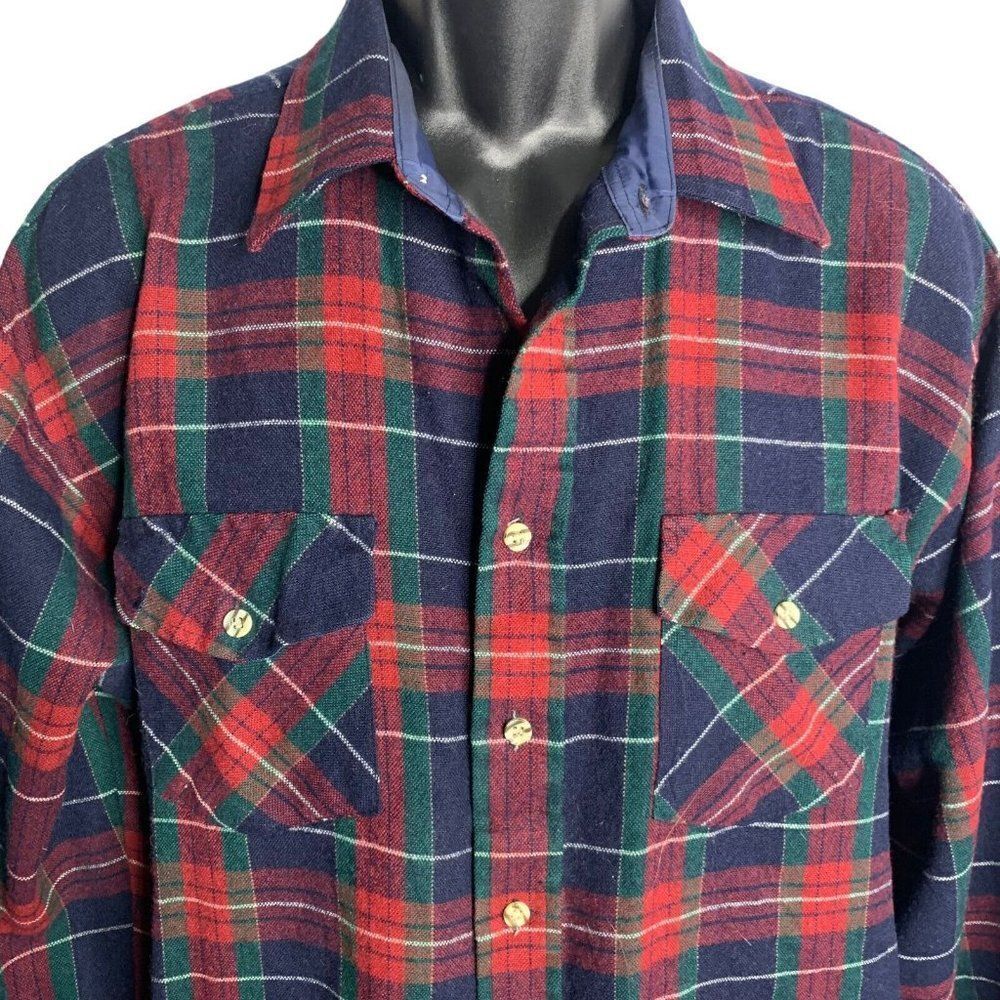 Vintage 80s Van Heusen Flannel Button Up Shirt XL Blue Plaid Winterweight